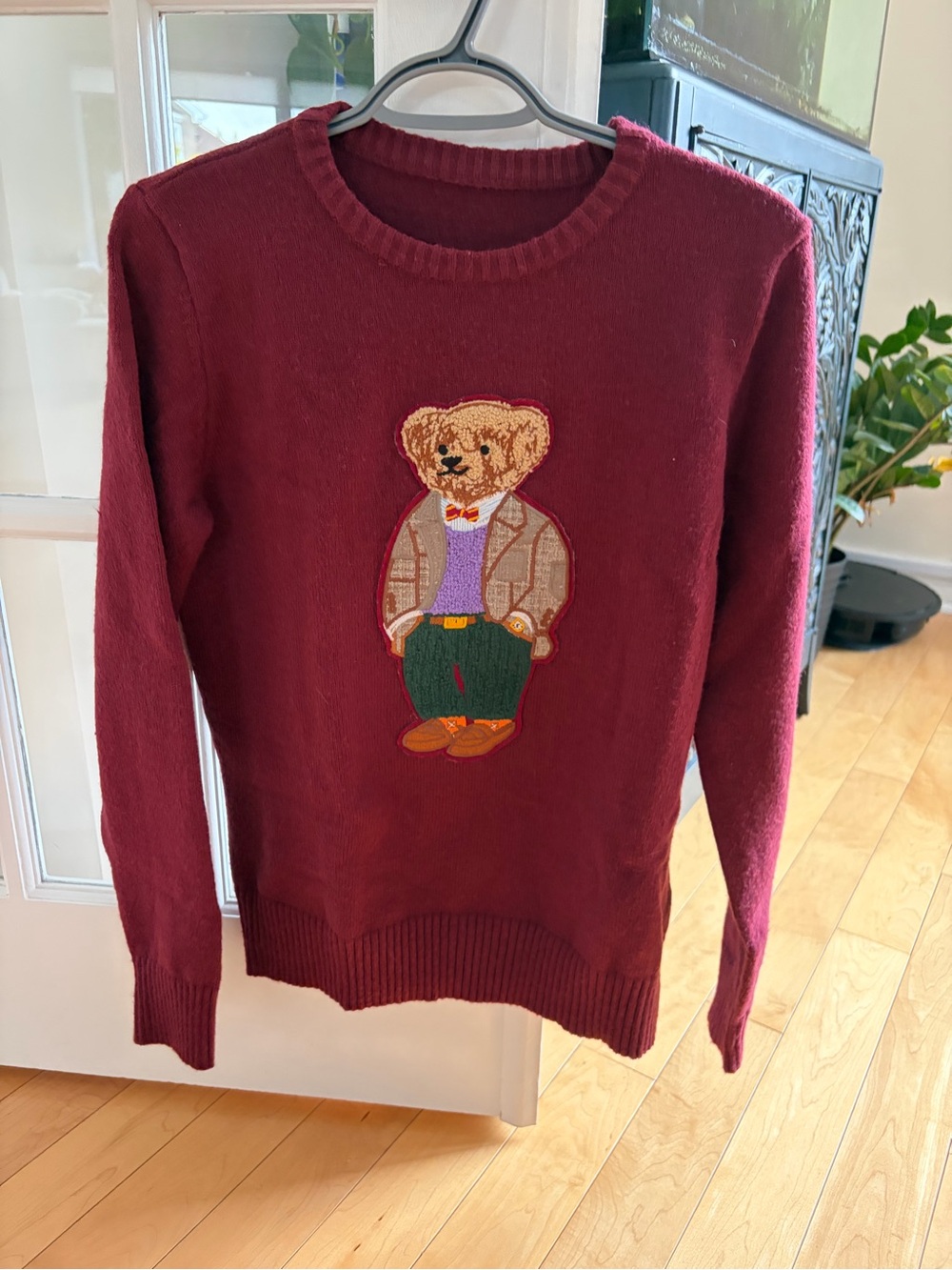 Women’s Burgundy Bear-Embroidered Crewneck Sweater